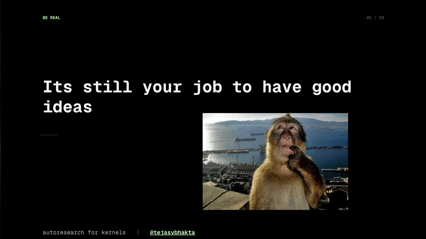The slide says it is still your job to have good ideas, alongside a photograph of a contemplative monkey.