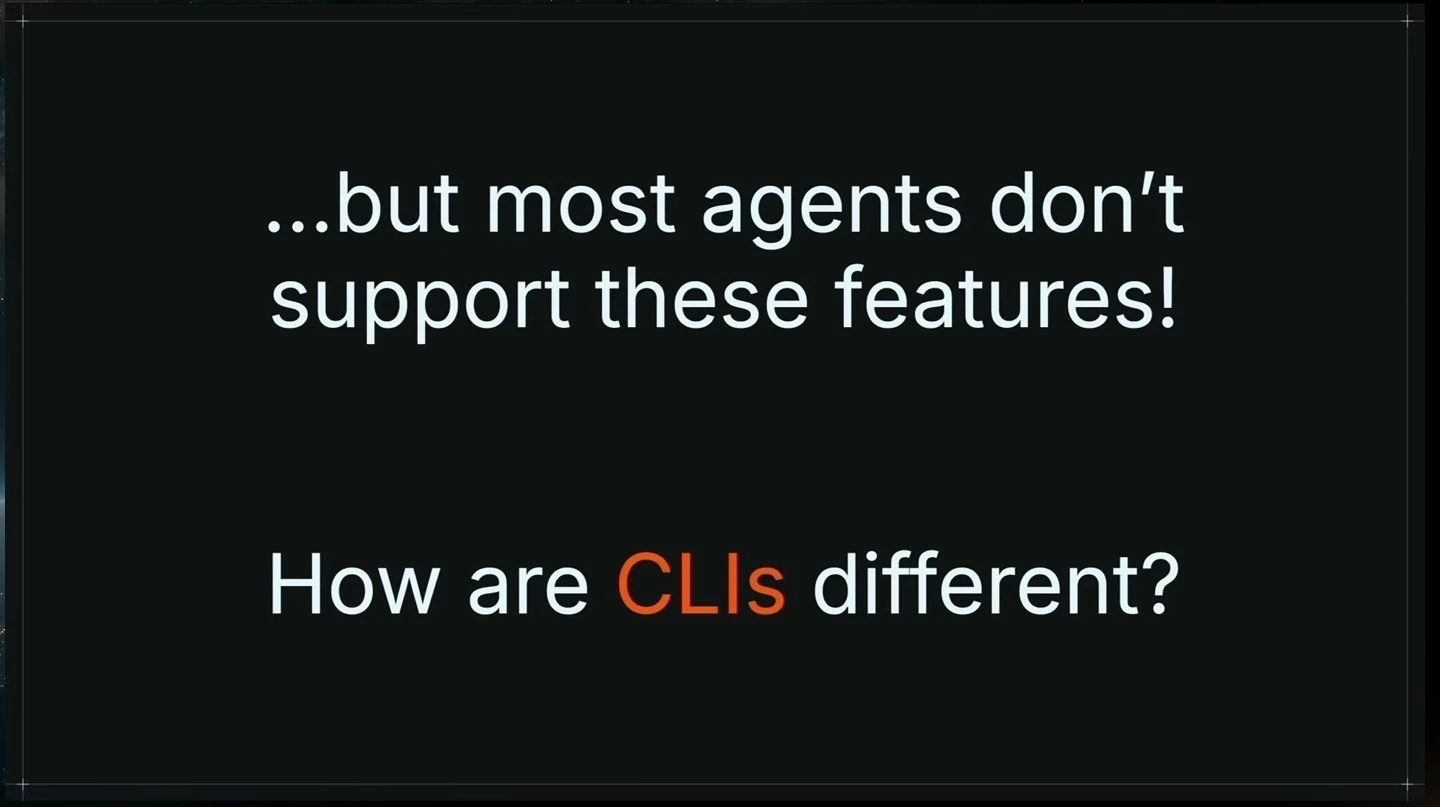 The slide says most agents do not support these features and asks how CLIs differ.