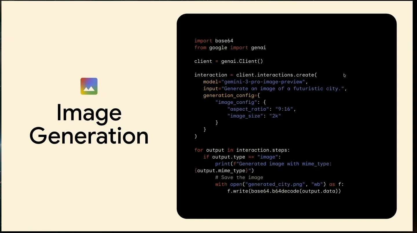 Image generation slide showing a Python API example that requests and saves an image.
