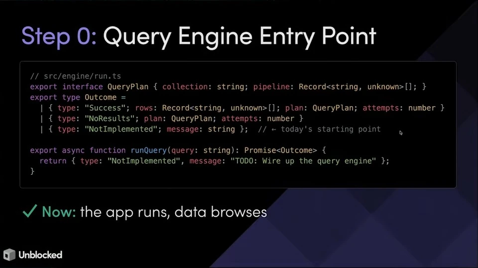 TypeScript defines query plan and outcome types and a stubbed query function.