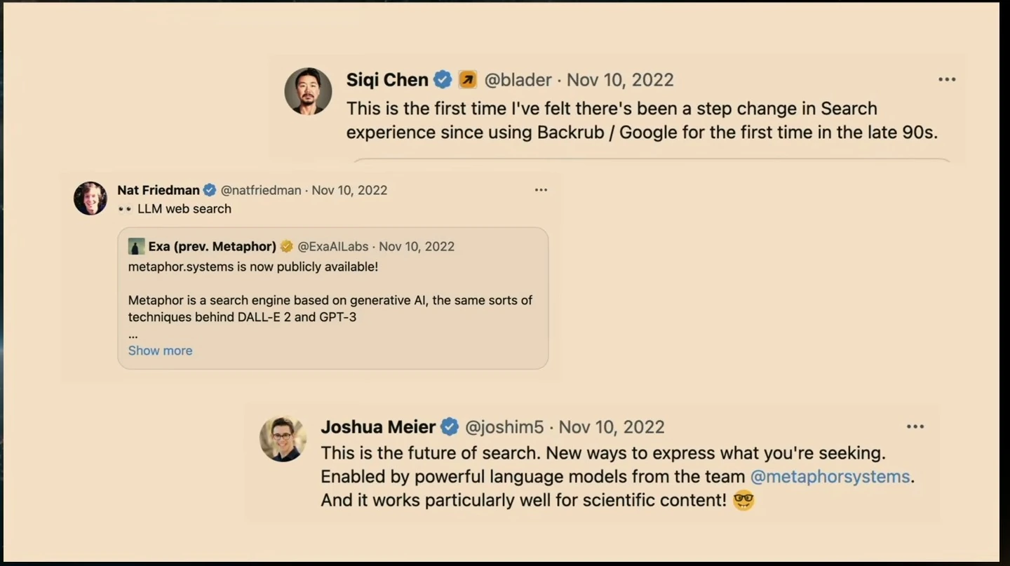 Three public posts praise Metaphor’s search experience and scientific content results.