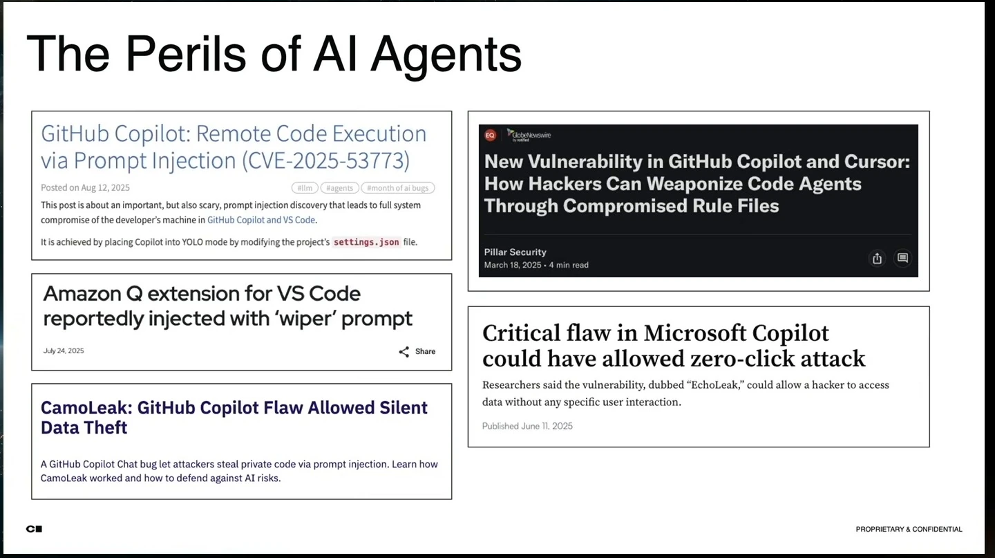 Headlines describe prompt injection, data theft, and other vulnerabilities affecting AI assistants.