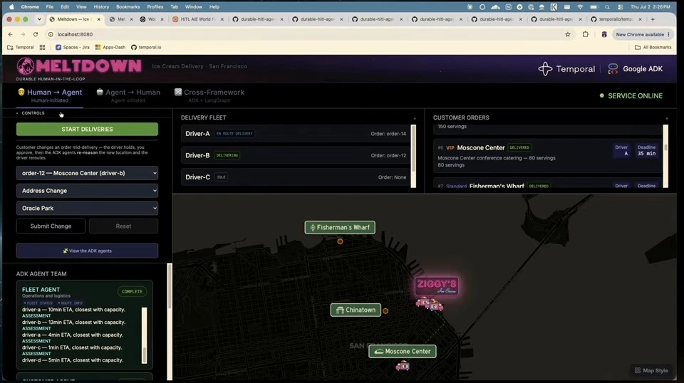 Delivery dashboard with customer-change controls, fleet status, orders, and a San Francisco map.