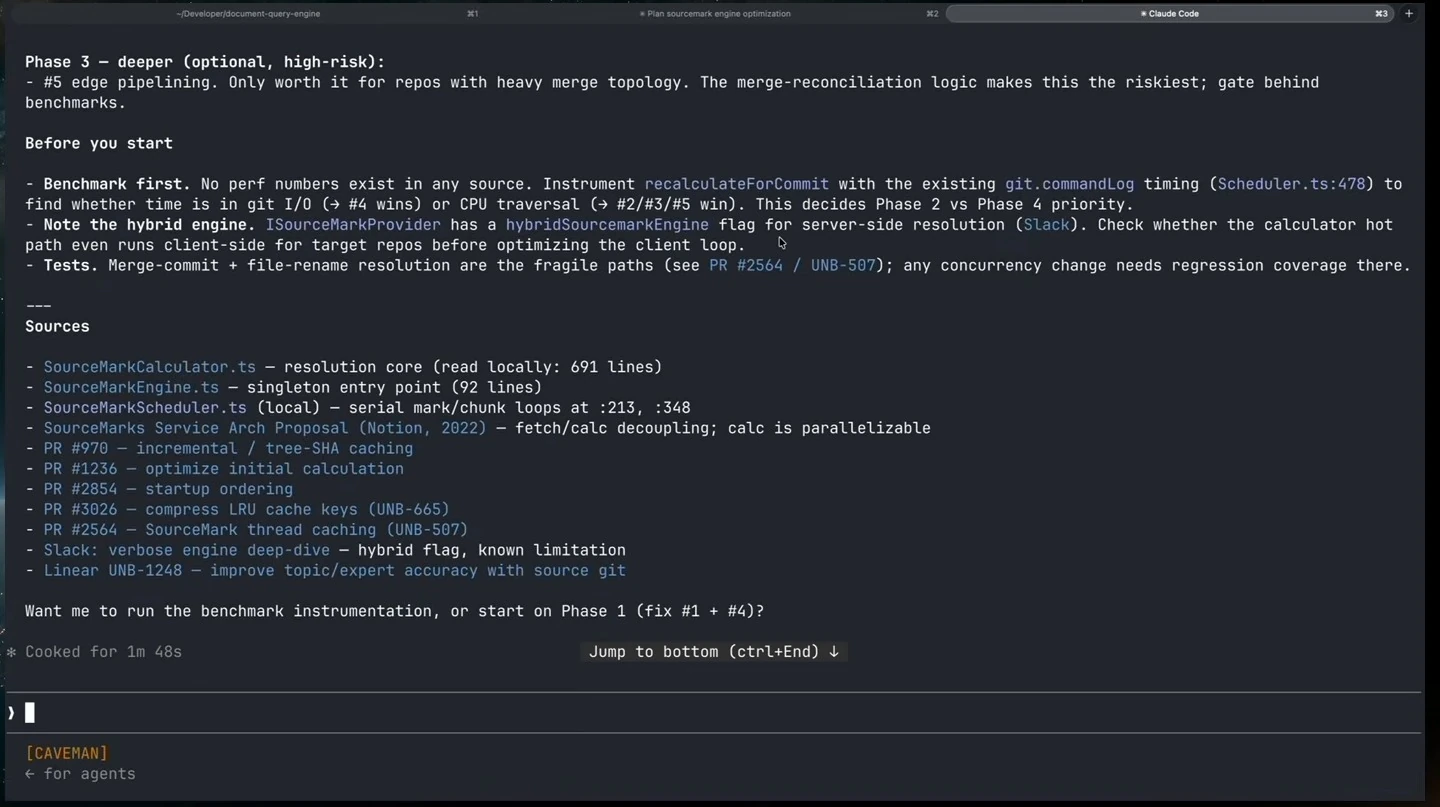 A terminal lists sources for the optimization plan and offers benchmarking or initial fixes as next steps.