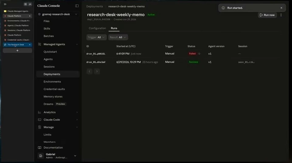 The deployment runs tab shows a recent failed manual run and an earlier successful run.