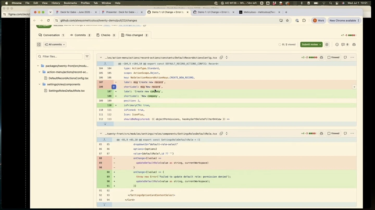 Code diff showing a button-label change and an added error in a role-selection handler.