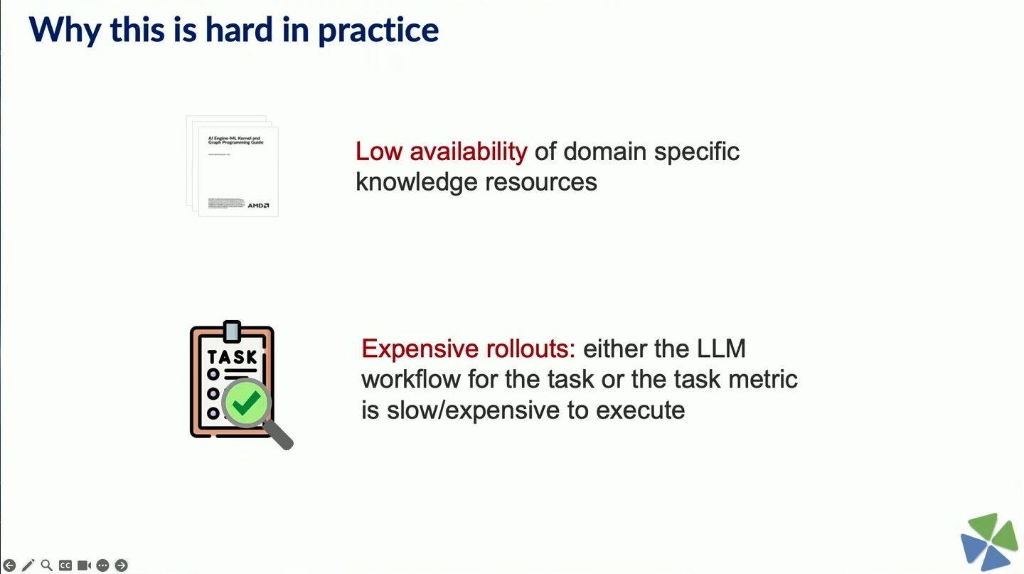 Limited domain-specific knowledge resources and expensive rollouts make AI tasks difficult in practice.