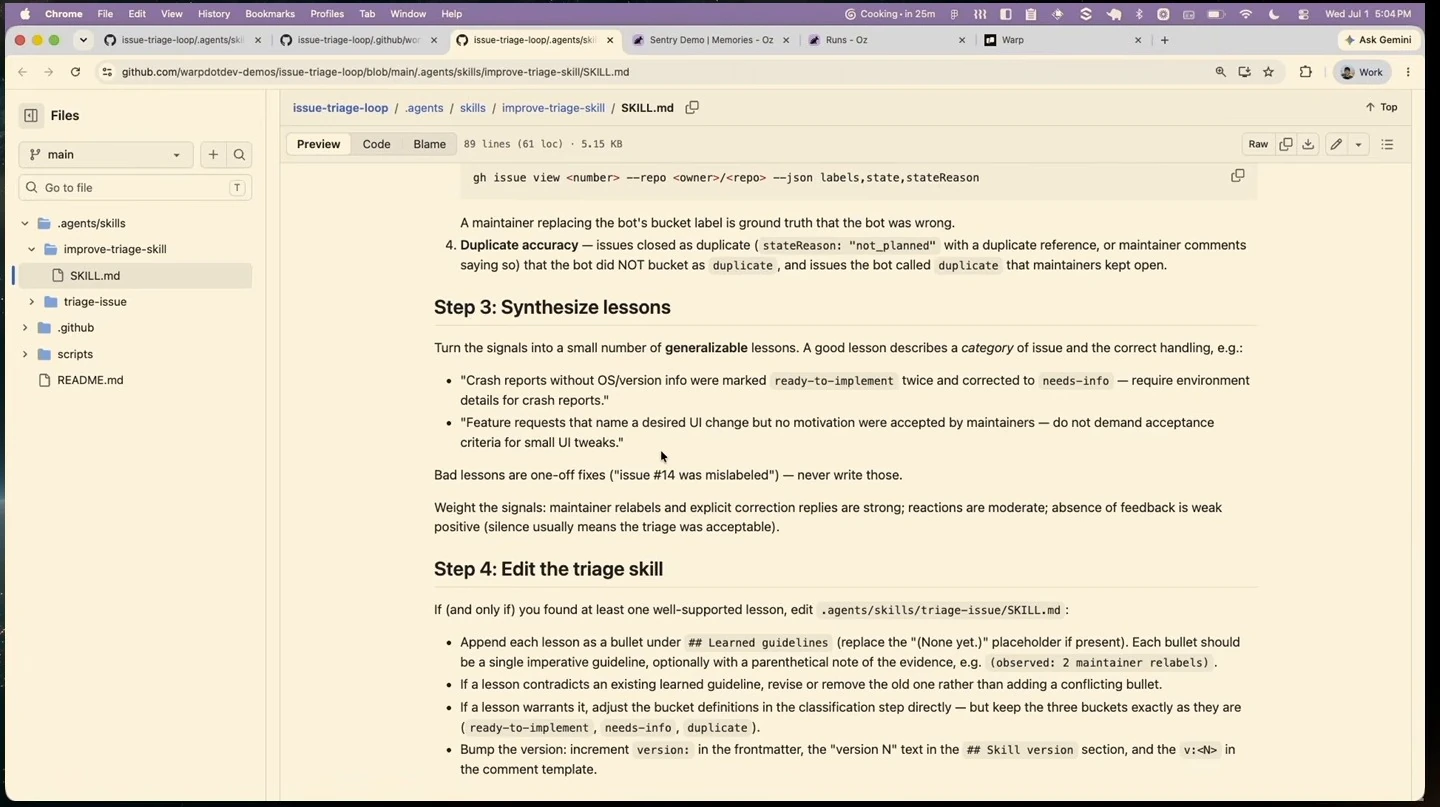 GitHub preview explaining how to synthesize lessons and update the triage skill.