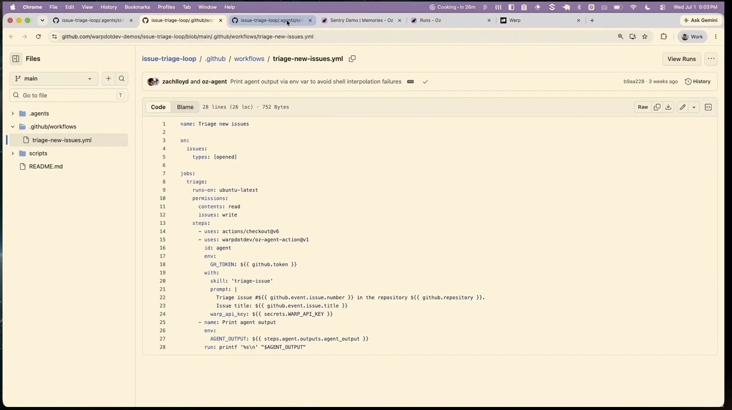A GitHub Actions workflow runs an agent to triage newly opened issues.