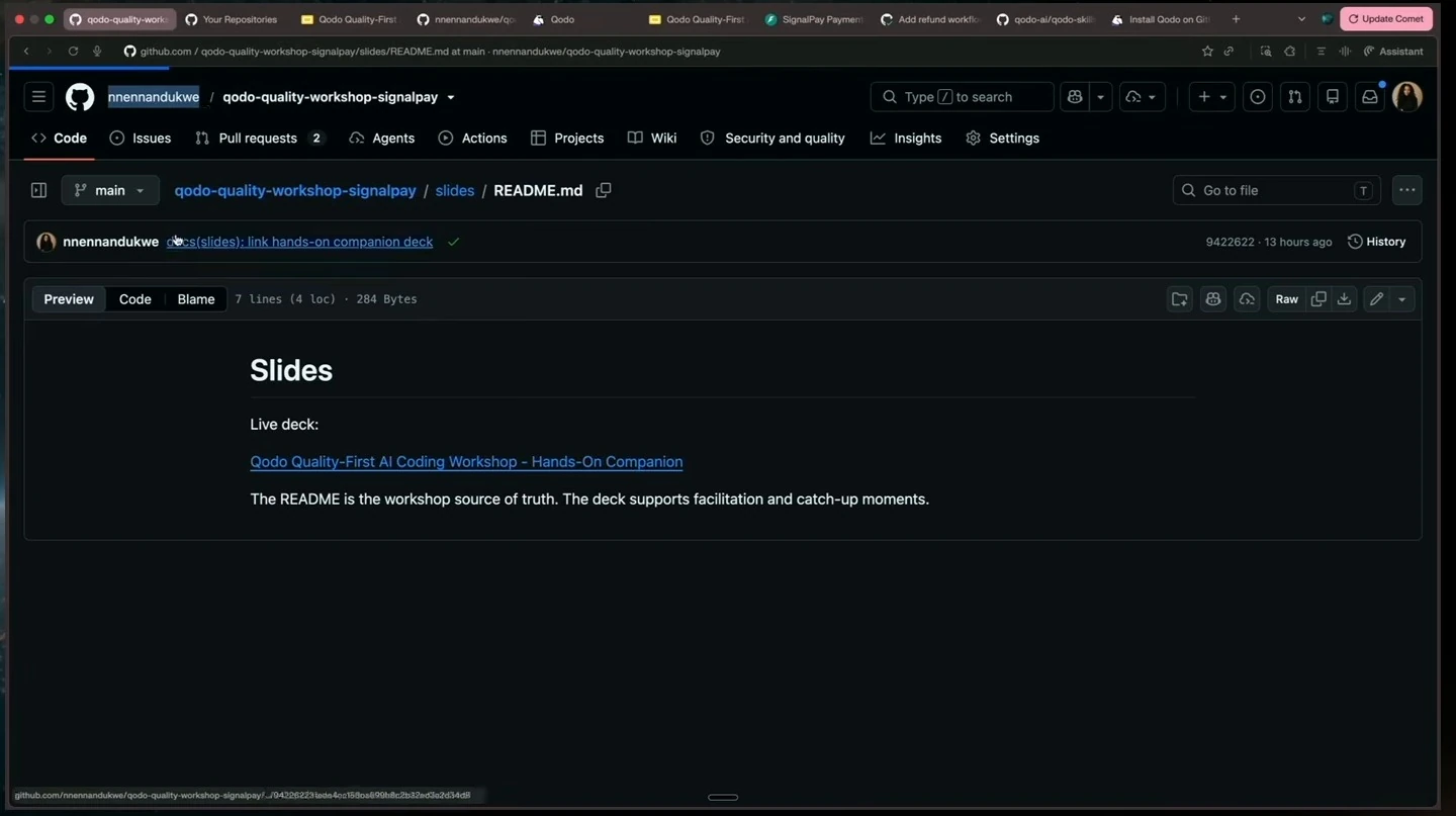 GitHub README linking to the workshop companion deck.