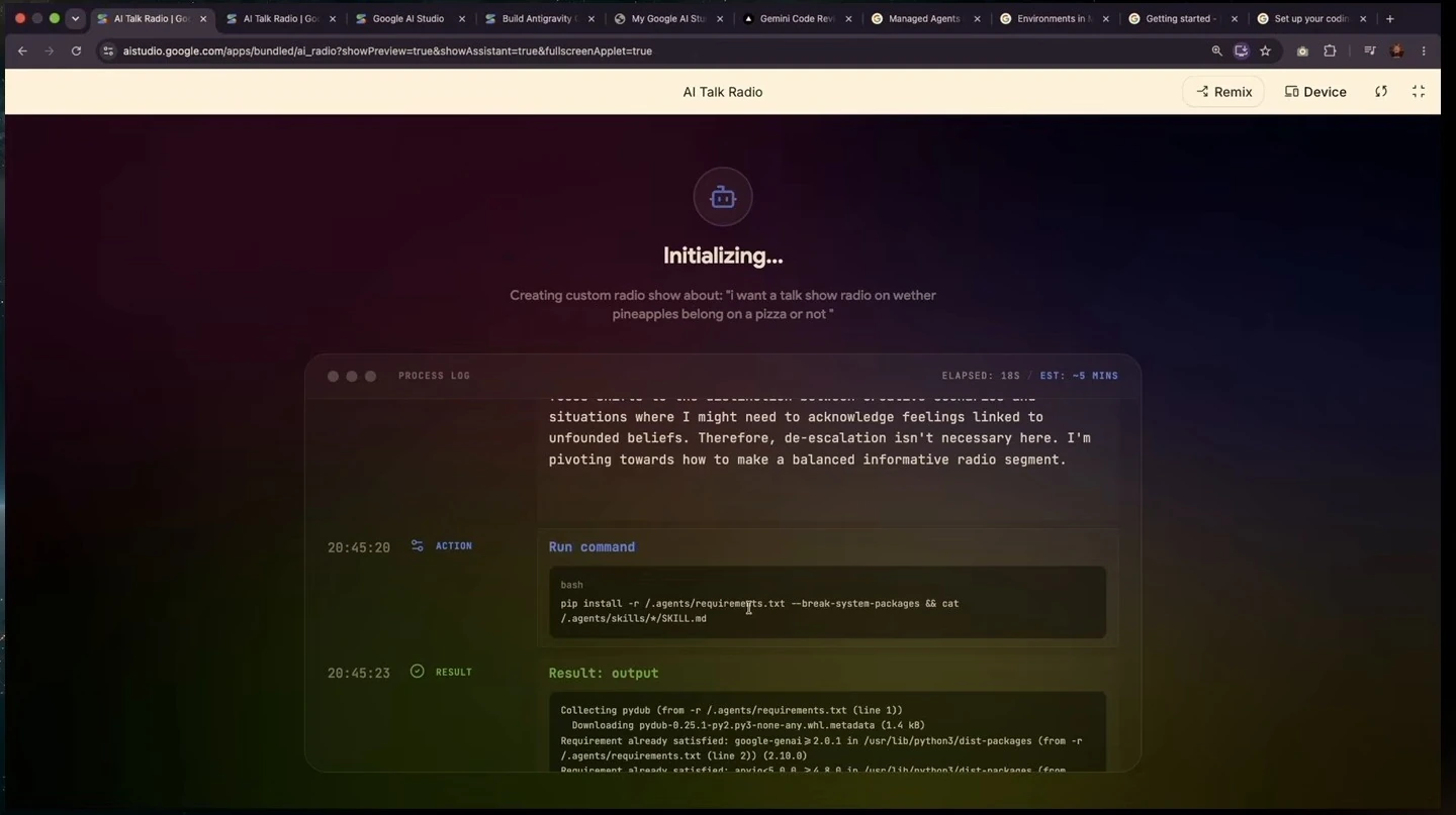 AI Talk Radio initializes a pineapple-pizza talk show, with a process log showing a command and its output.