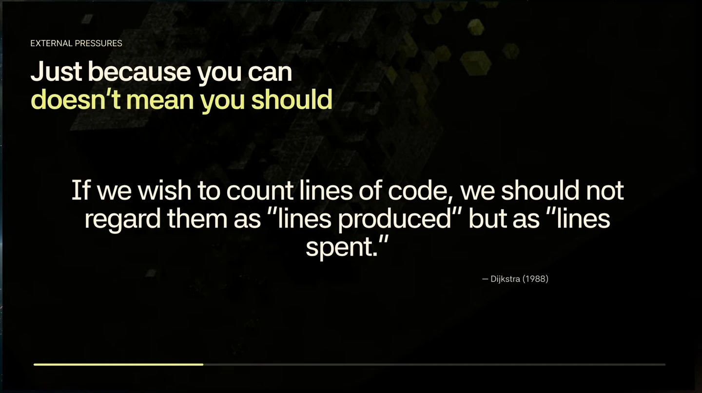 A Dijkstra quotation describes lines of code as spent rather than produced.