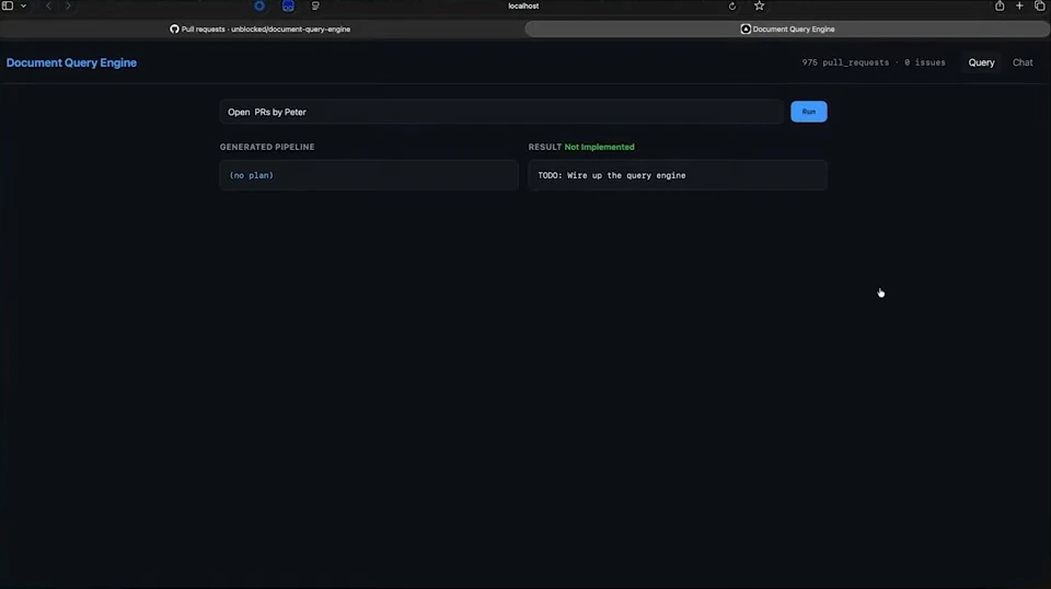 The query interface shows an empty generated pipeline and a not-implemented result.