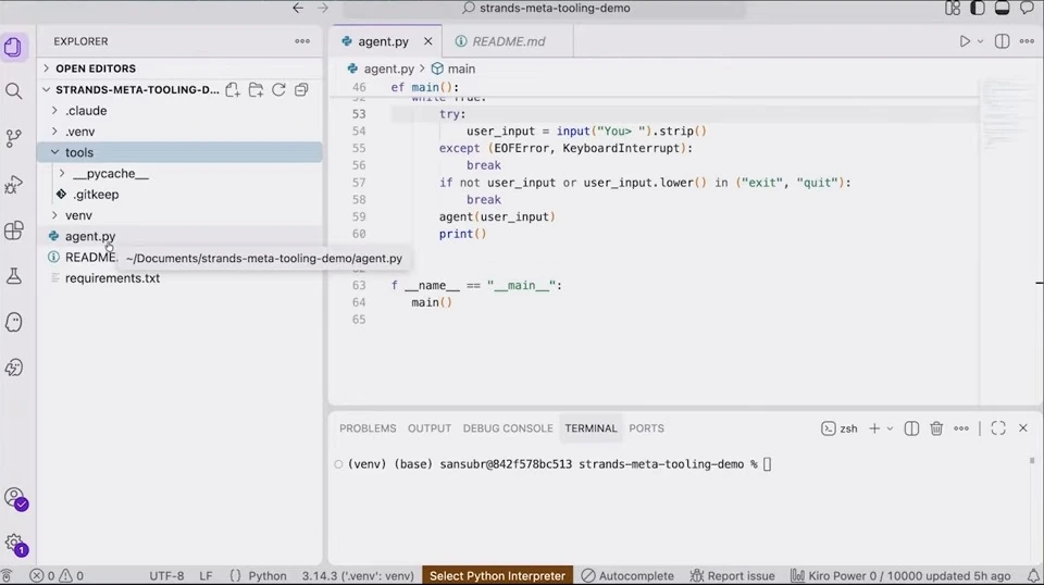 Code editor with the tools directory expanded before the calculator tool is created.