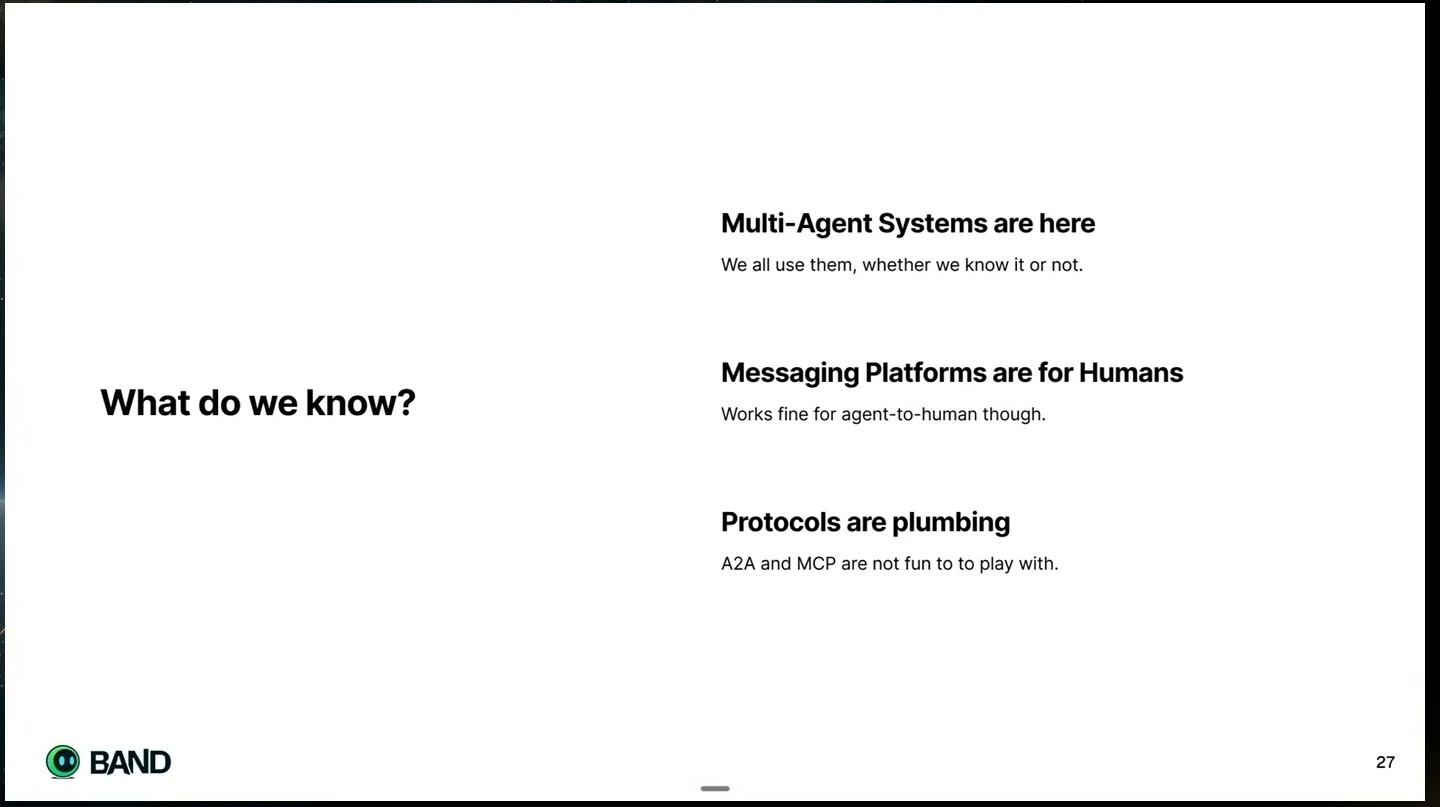 Summary states that multi-agent systems are here, messaging platforms are for humans, and protocols are plumbing.