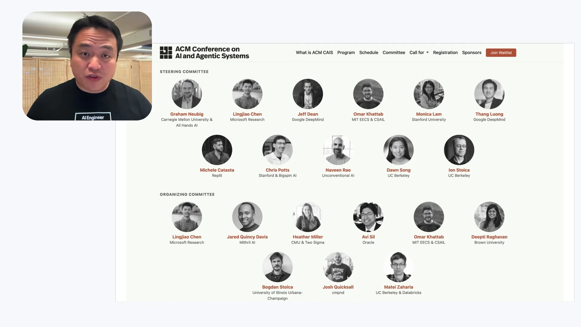 Steering and organizing committee members shown with portraits and affiliations.