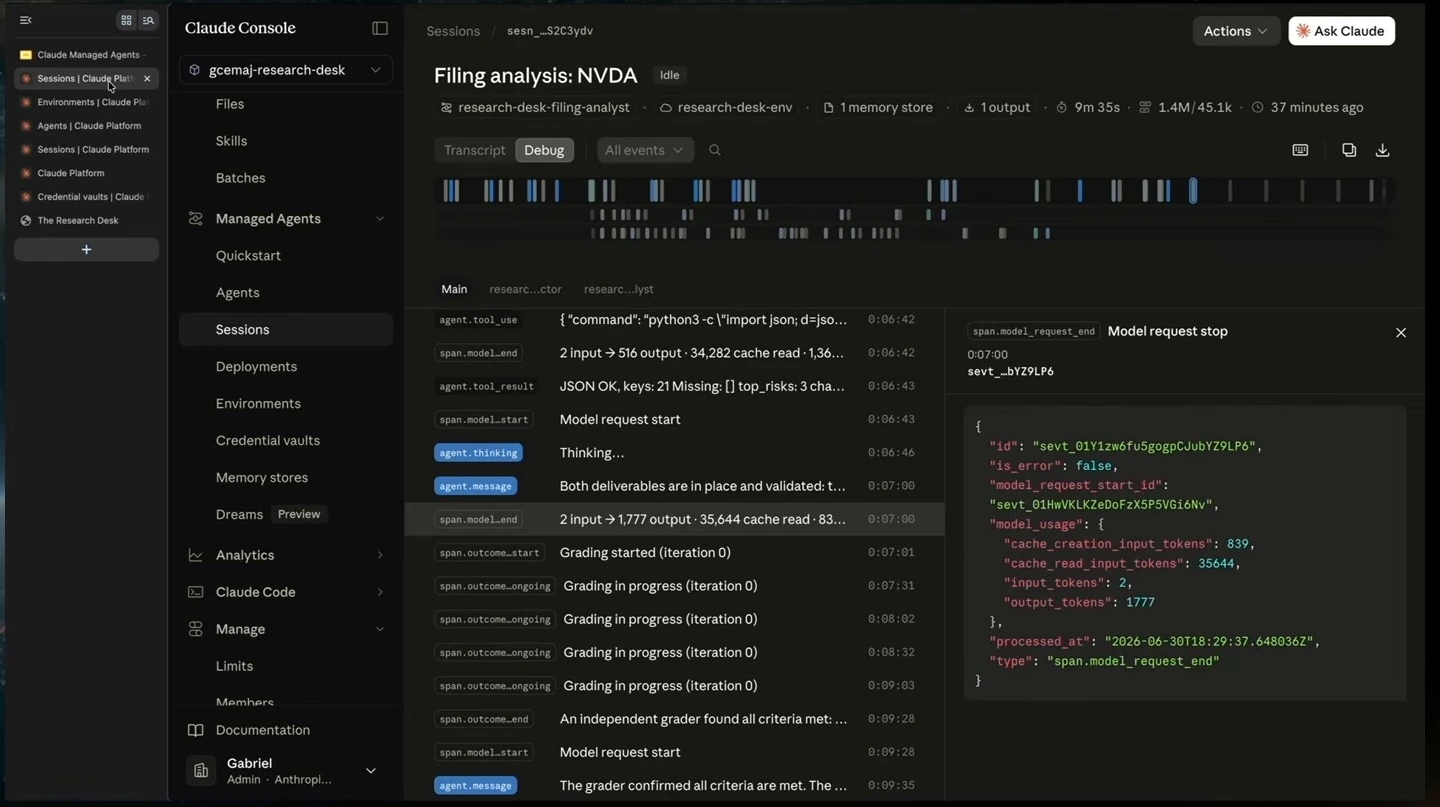 Claude Console debug view showing an NVDA filing analysis and grading events.