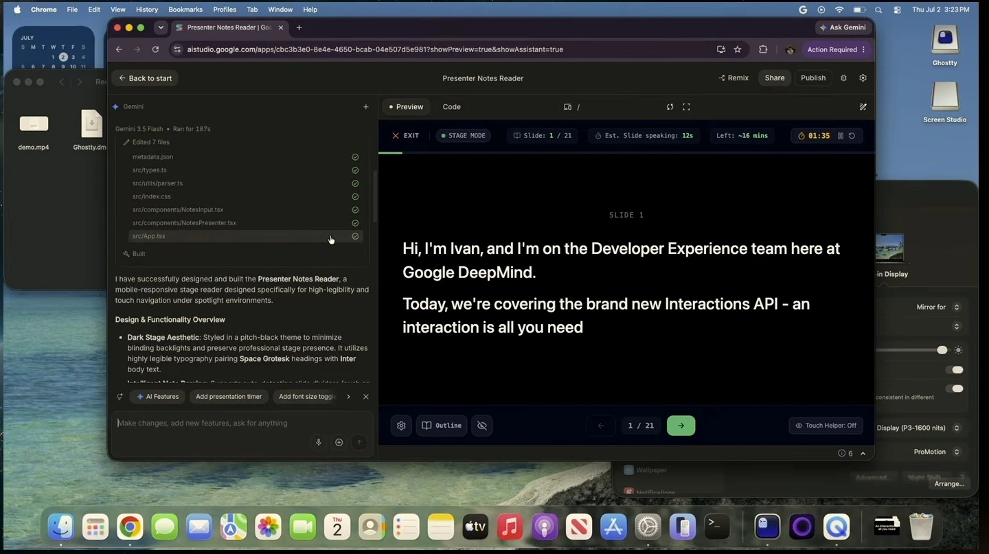 AI Studio displays an app-building conversation beside a dark presenter-notes preview with introductory notes, a timer, and slide navigation.
