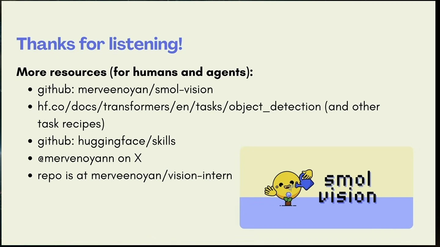 Closing slide listing project and documentation resources beside a smol vision illustration.