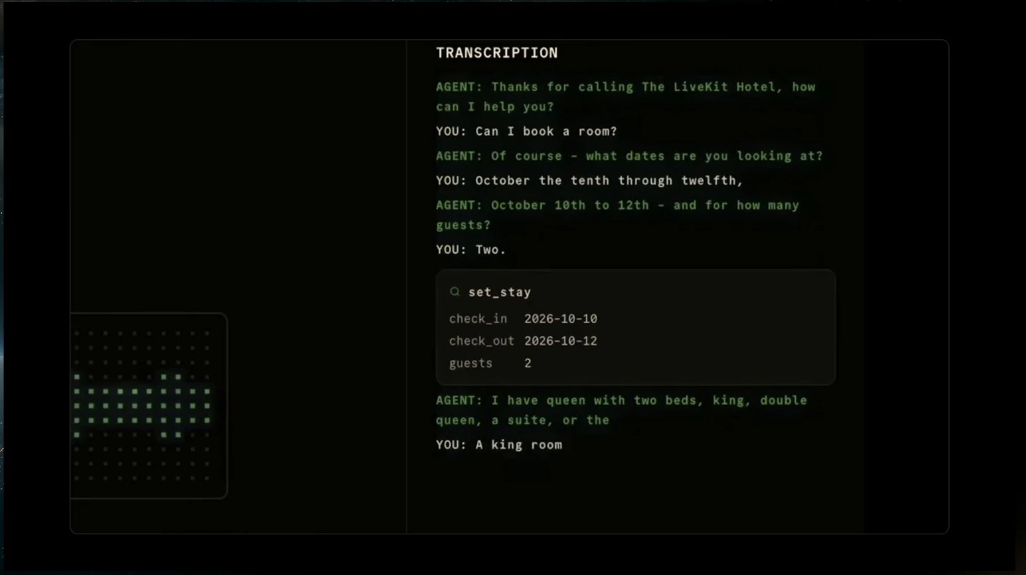 The transcript shows stay details, a set-stay tool call, and a request for a king room.