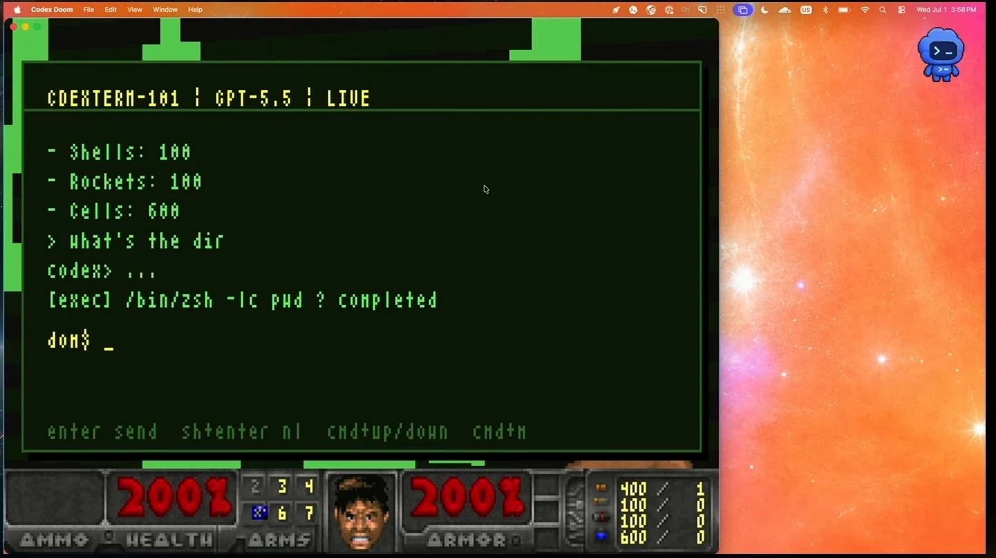 The in-game terminal shows a request for the current directory and a completed shell command.
