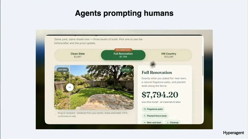 A landscaping proposal shows a before-and-after yard comparison and the selected renovation price.