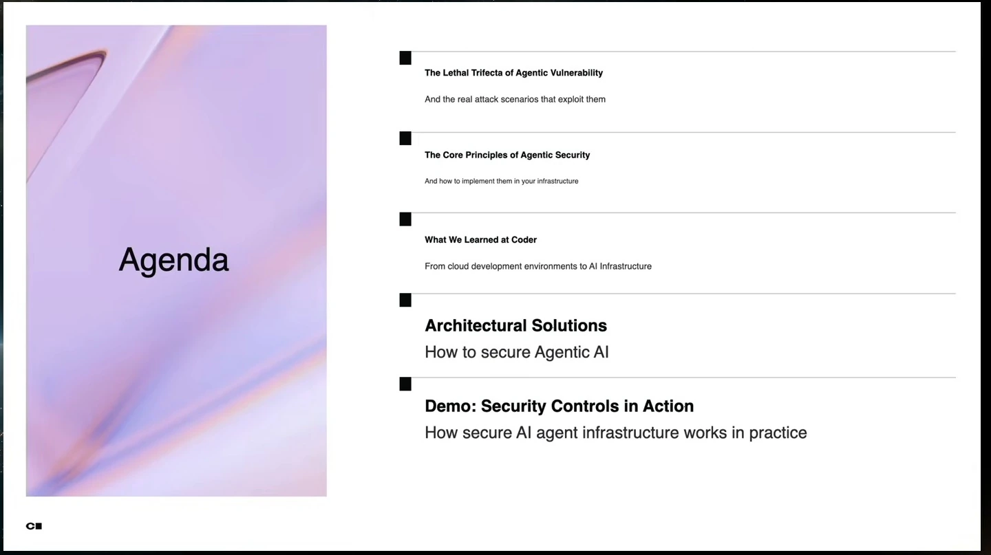 Agenda covering agentic security threats, principles, architecture, and a security controls demo.