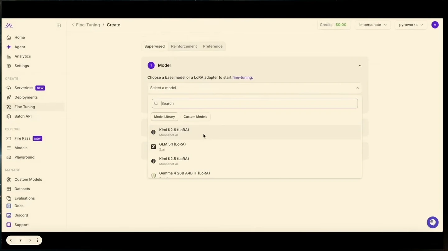 Fine-tuning form with the model library dropdown open.
