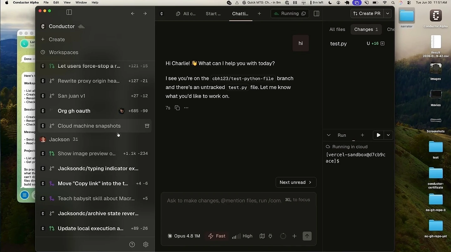 A workspace list appears beside a chat and changed-file panel.