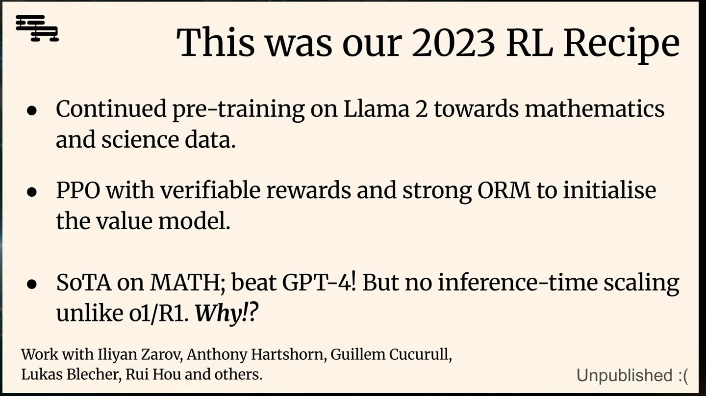 Slide describes Llama 2 pre-training, PPO with verifiable rewards, and reported math results without inference-time scaling.