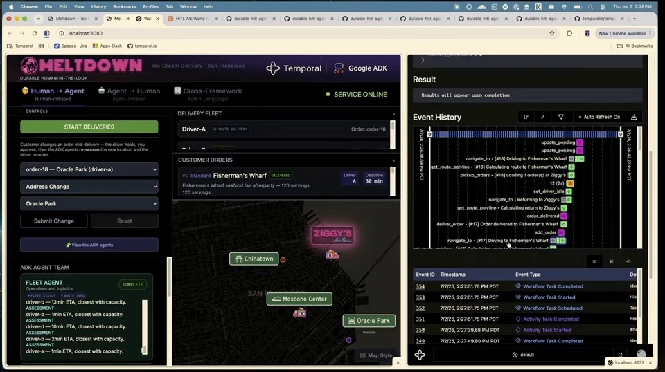 Delivery dashboard showing the order's updated destination beside the driver's workflow history.