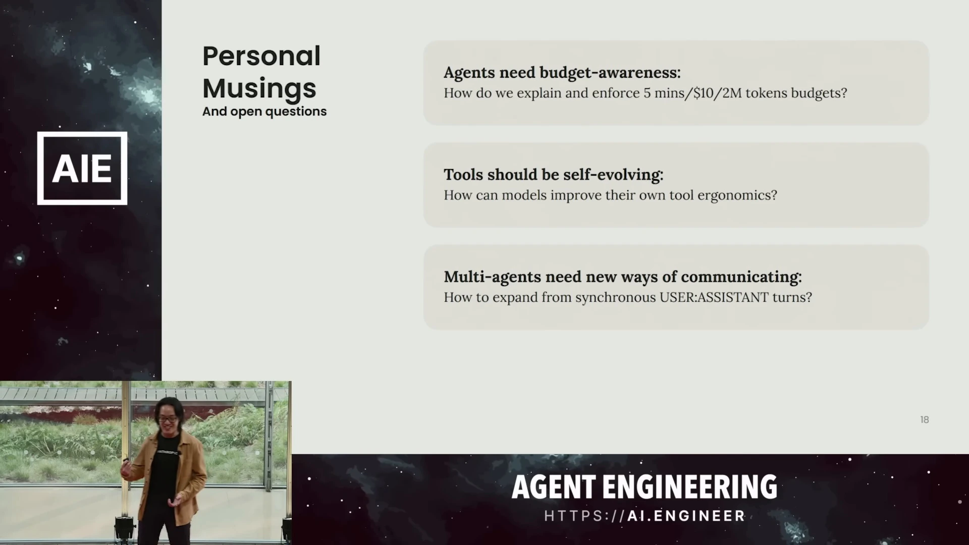 Slide presents open questions about agent budgets, self-evolving tools, and multi-agent communication.