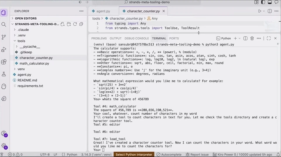 Editor displays the character-counter file while the terminal reports that the tool is ready for a word.