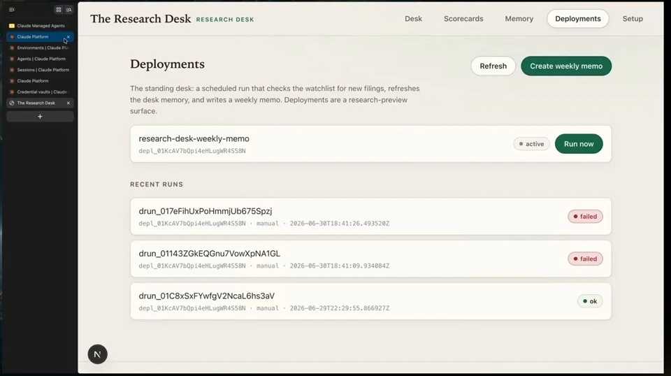 The Research Desk deployments page shows an active weekly memo and three recent runs, two failed and one successful.