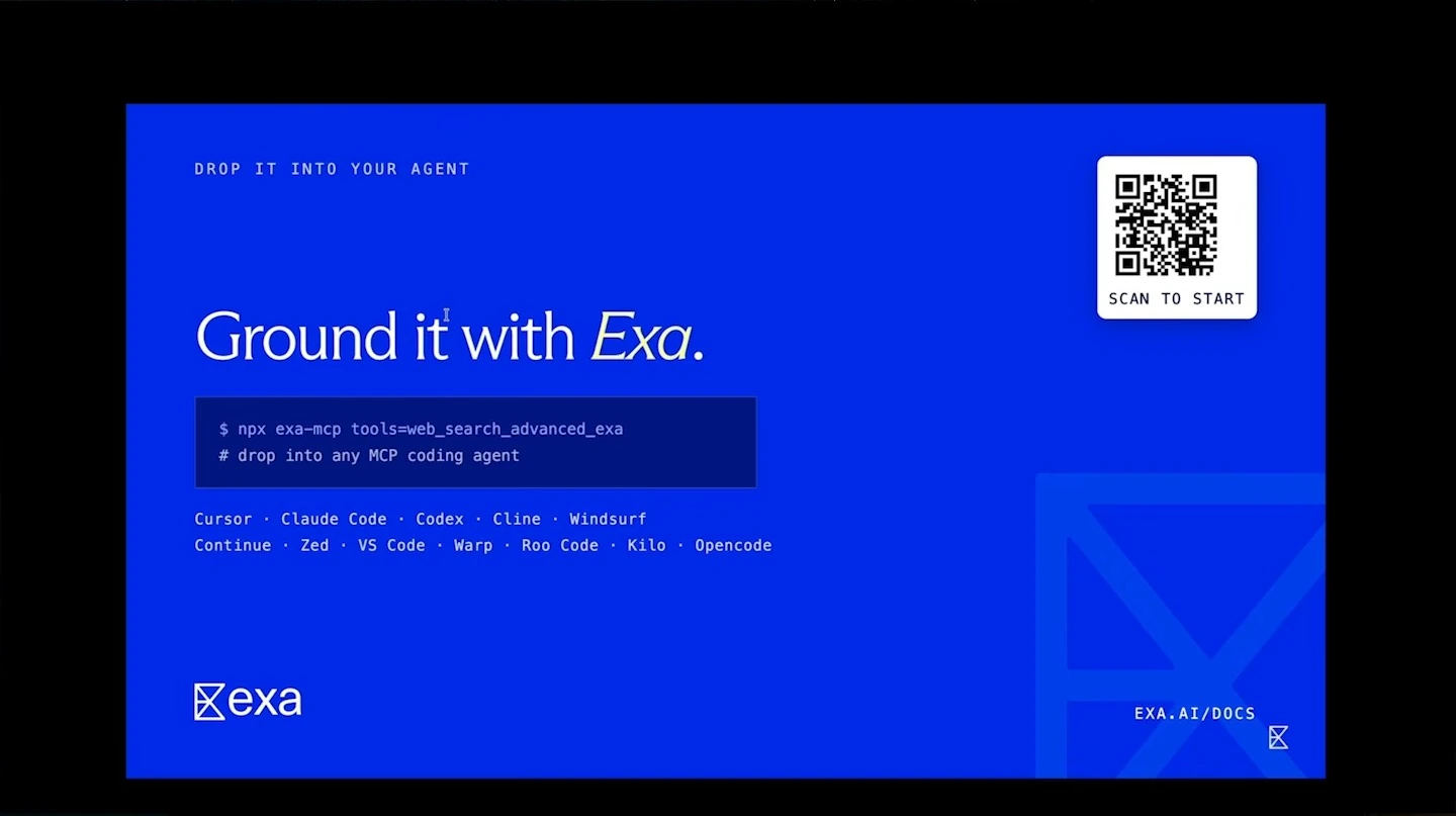 Blue slide with an Exa MCP command, a list of coding agents, and a QR code.