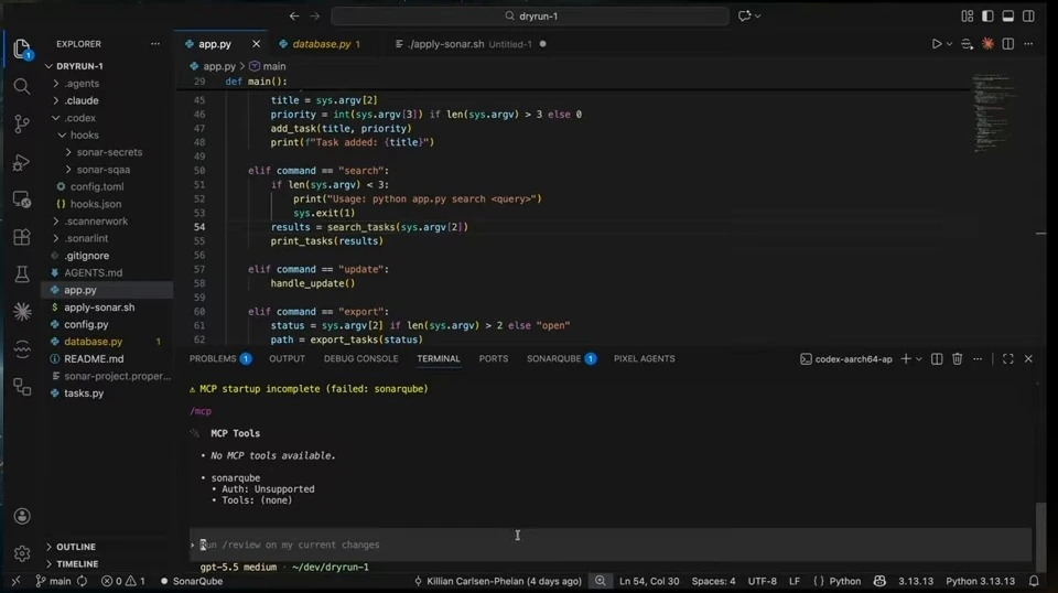 Codex lists the SonarQube MCP server with unsupported authentication and no tools.