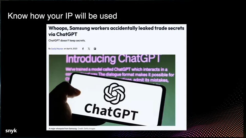 Slide shows an article about Samsung workers leaking trade secrets through ChatGPT.
