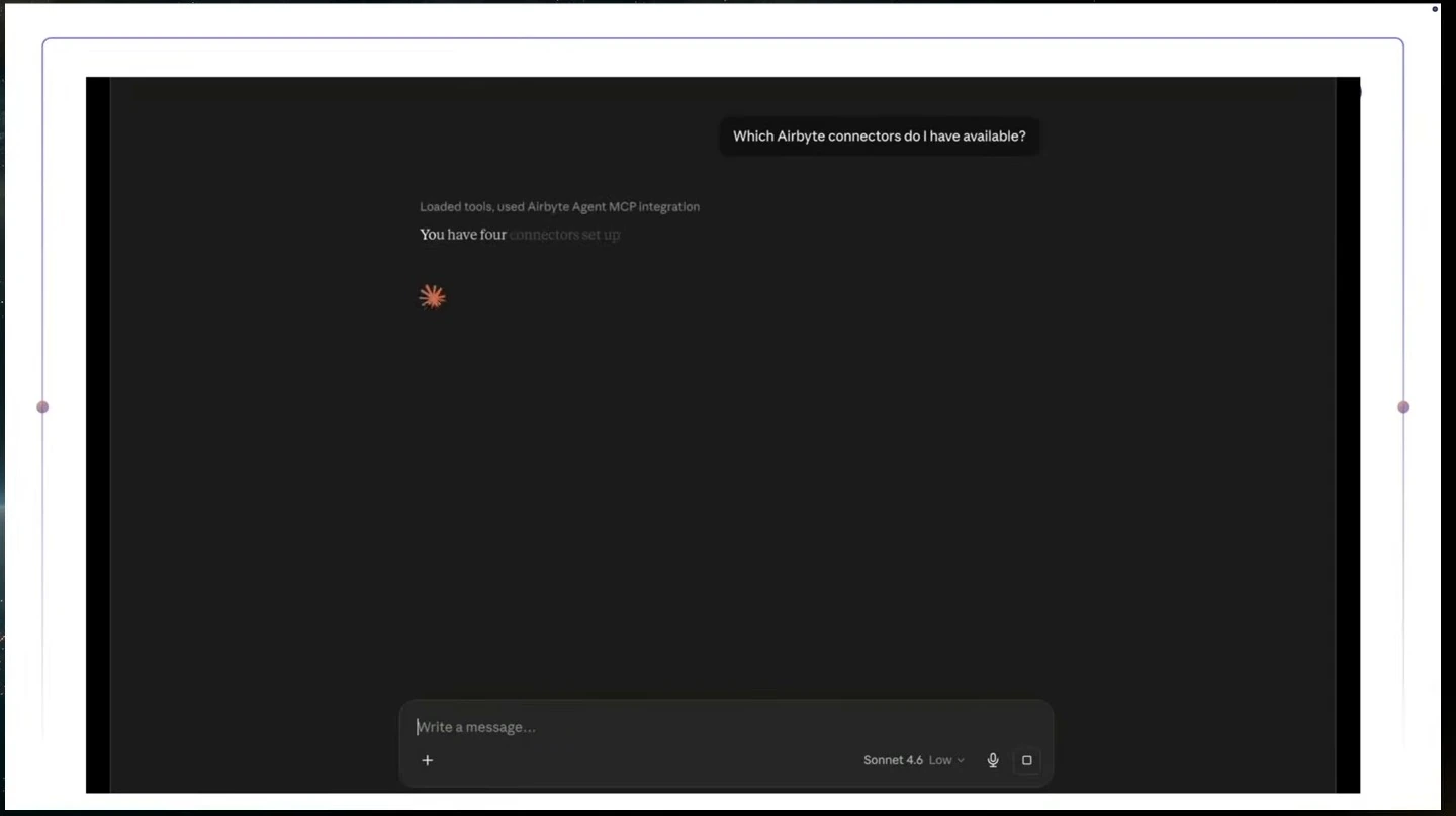 Claude demo asks which Airbyte connectors are available and begins a response.