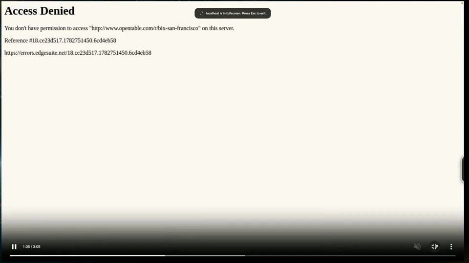 A full-screen browser recording displays an access-denied page with a diagnostic reference.