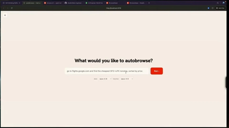 Autobrowse prompt populated with a request for a cheap nonstop flight.