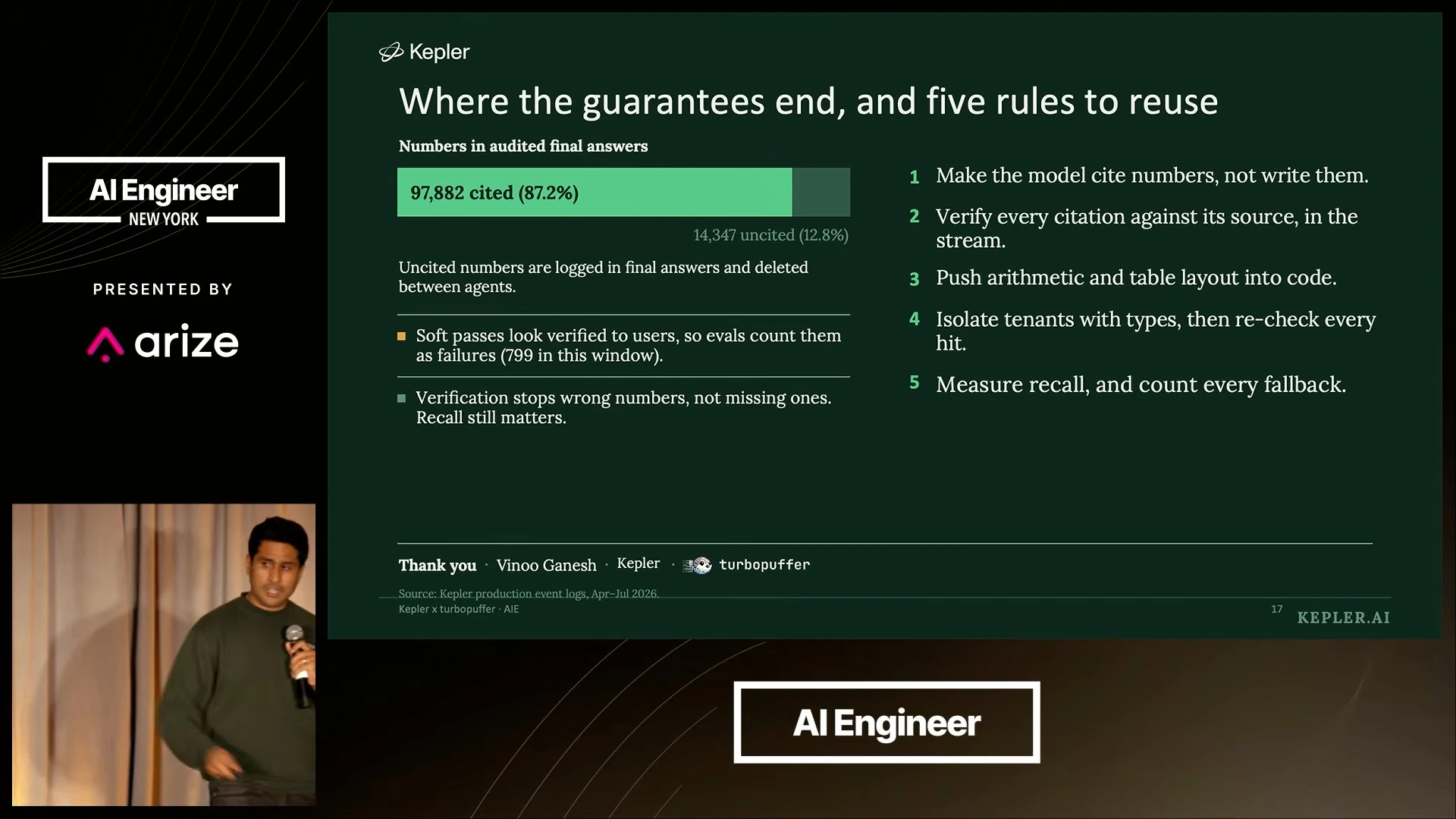 Closing slide showing cited versus uncited numbers, verification limitations, and five rules for reliable numerical answers.