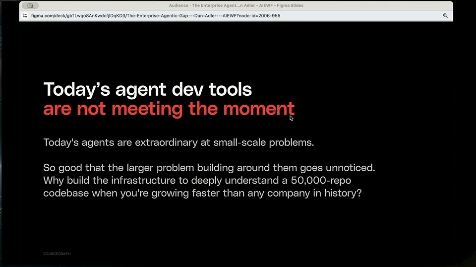 Slide says agents excel at small-scale problems while infrastructure for understanding a 50,000-repository codebase remains a challenge.