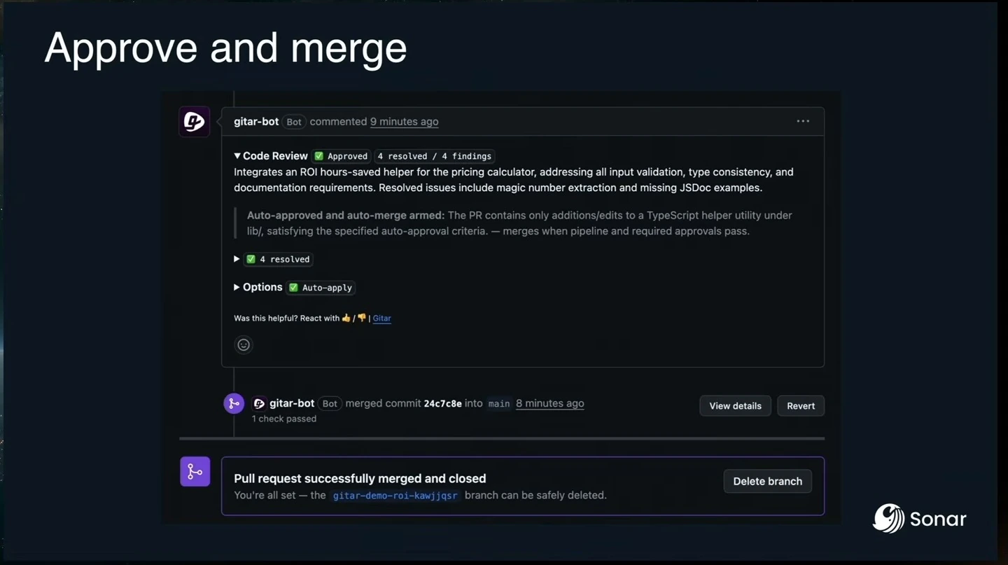 A bot reports resolved findings and approval, followed by a successfully merged pull request.