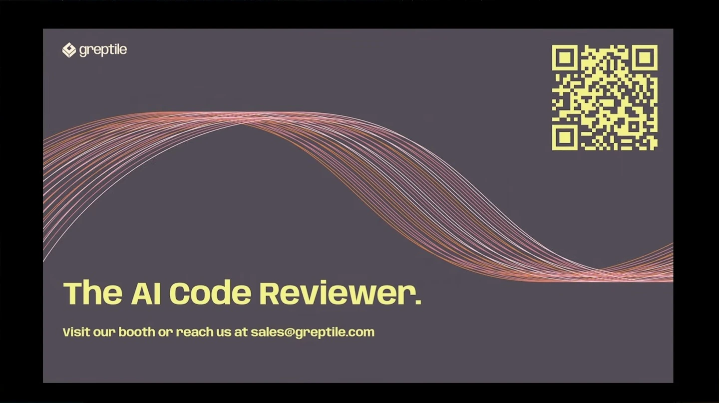 Greptile promotional slide with a QR code, colorful lines and a booth invitation.