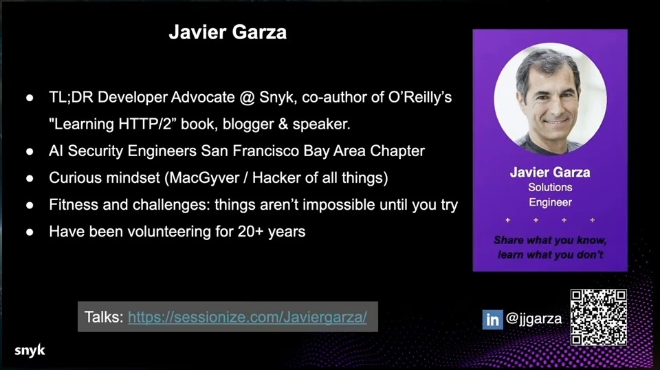 Presenter introduction with Javier Garza’s background, interests and portrait.