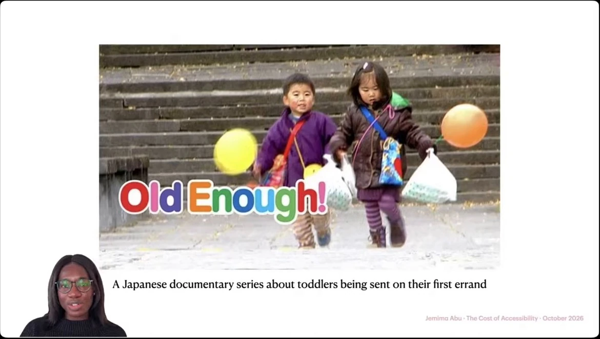 Two children carry shopping bags in an image from Old Enough!, described as a Japanese documentary series about toddlers on their first errand.