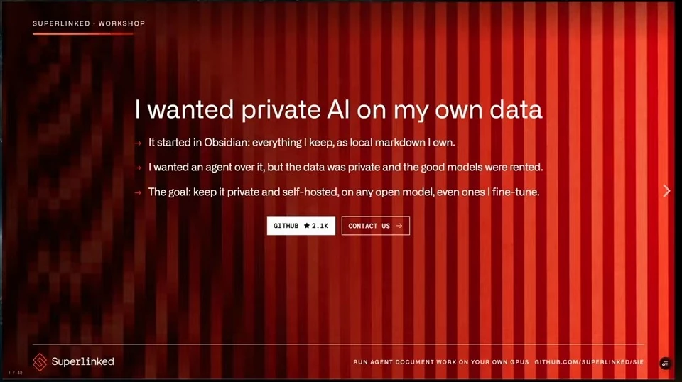 Opening slide describing a private, self-hosted AI agent for local Obsidian files.