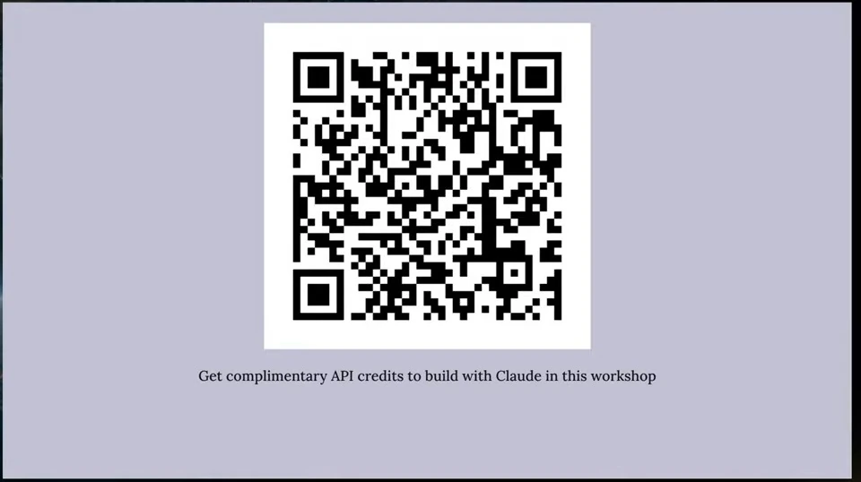 A QR code invites workshop participants to obtain complimentary API credits.