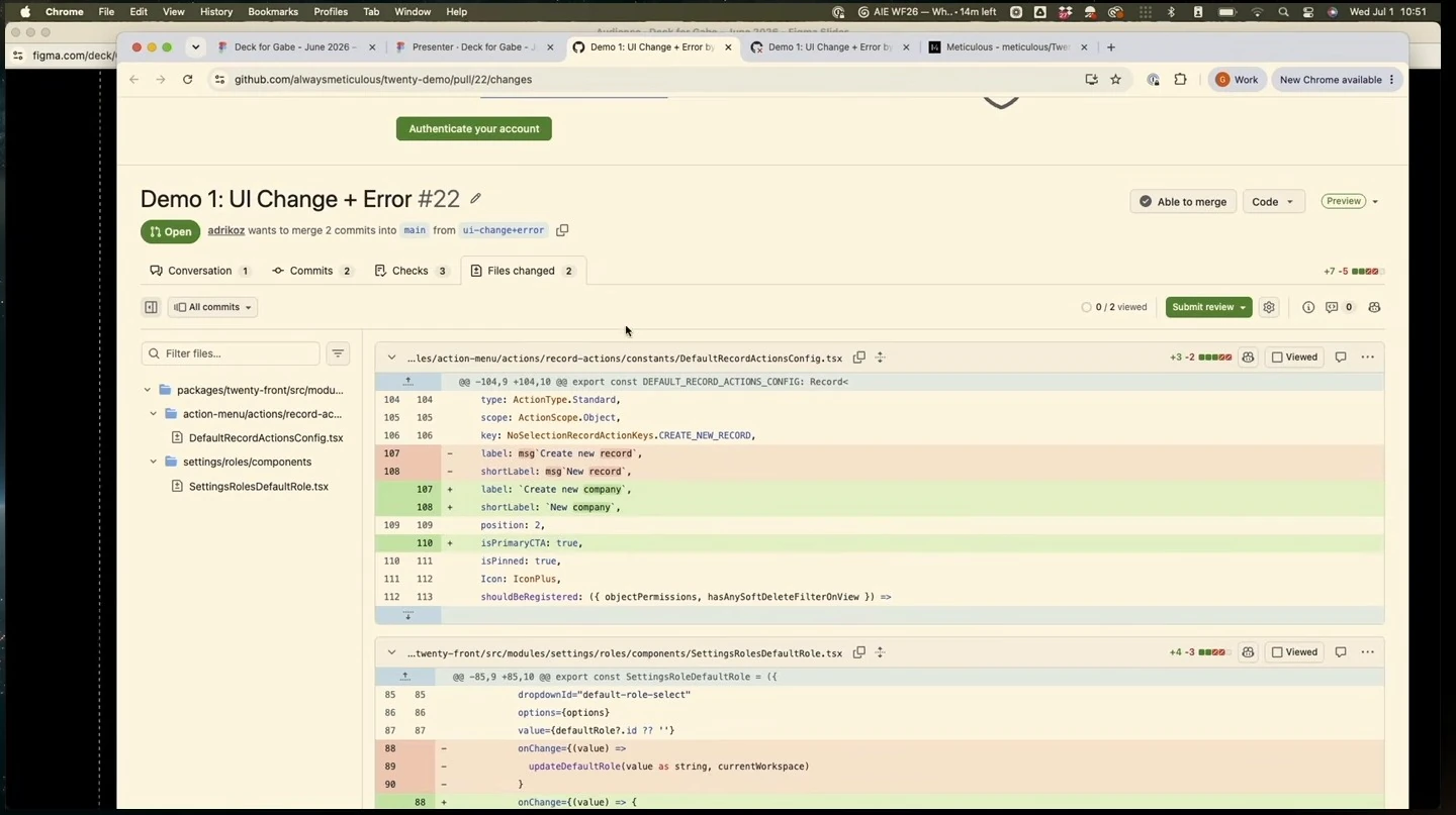 Pull request showing a button renamed and made a primary action, with another code change partly visible below.