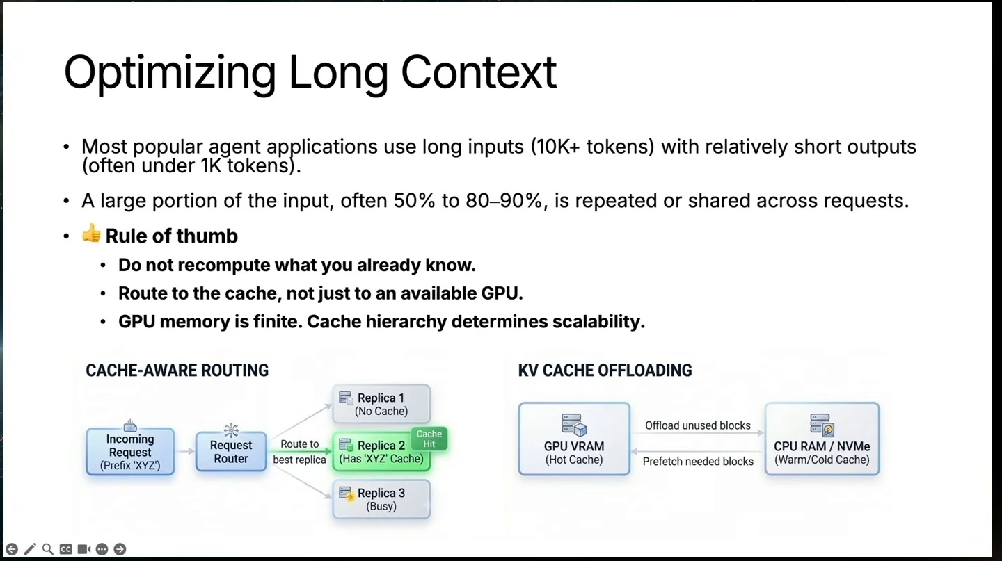 Slide explains reuse of long inputs, cache-aware routing, and KV cache offloading.